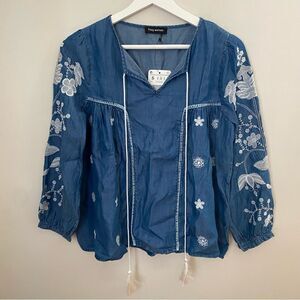 Foxy Women Blouse Denim Embroidered Tassels Blue White Casual Comfy Flower